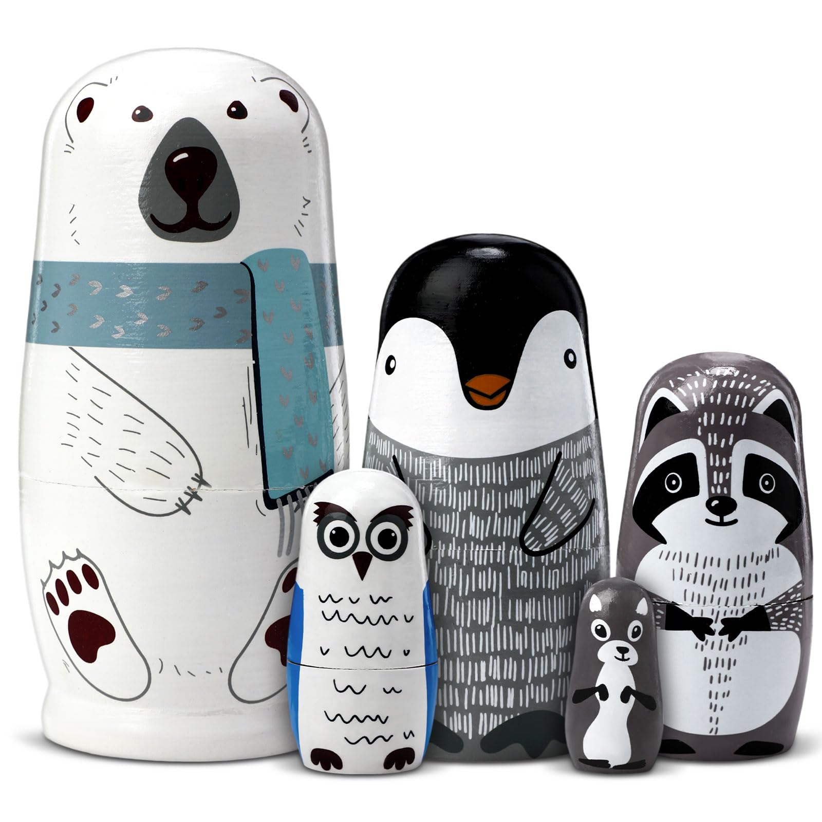 Gejoy Christmas Nesting Dolls Russian Matryoshka Dolls Wooden Handmade Nutcracker Nesting Dolls Wooden Collectible Dolls Gifts Toy Set for Adults Kids Home Decor (Rustic Color,White Cartoon Animal)