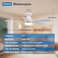 Passky 107 cm mennyezeti ventilátor világítással távirányítóval halk DC motor 6 sebességű fényerőszabályozható LED 3 színhőmérséklet fehér 8