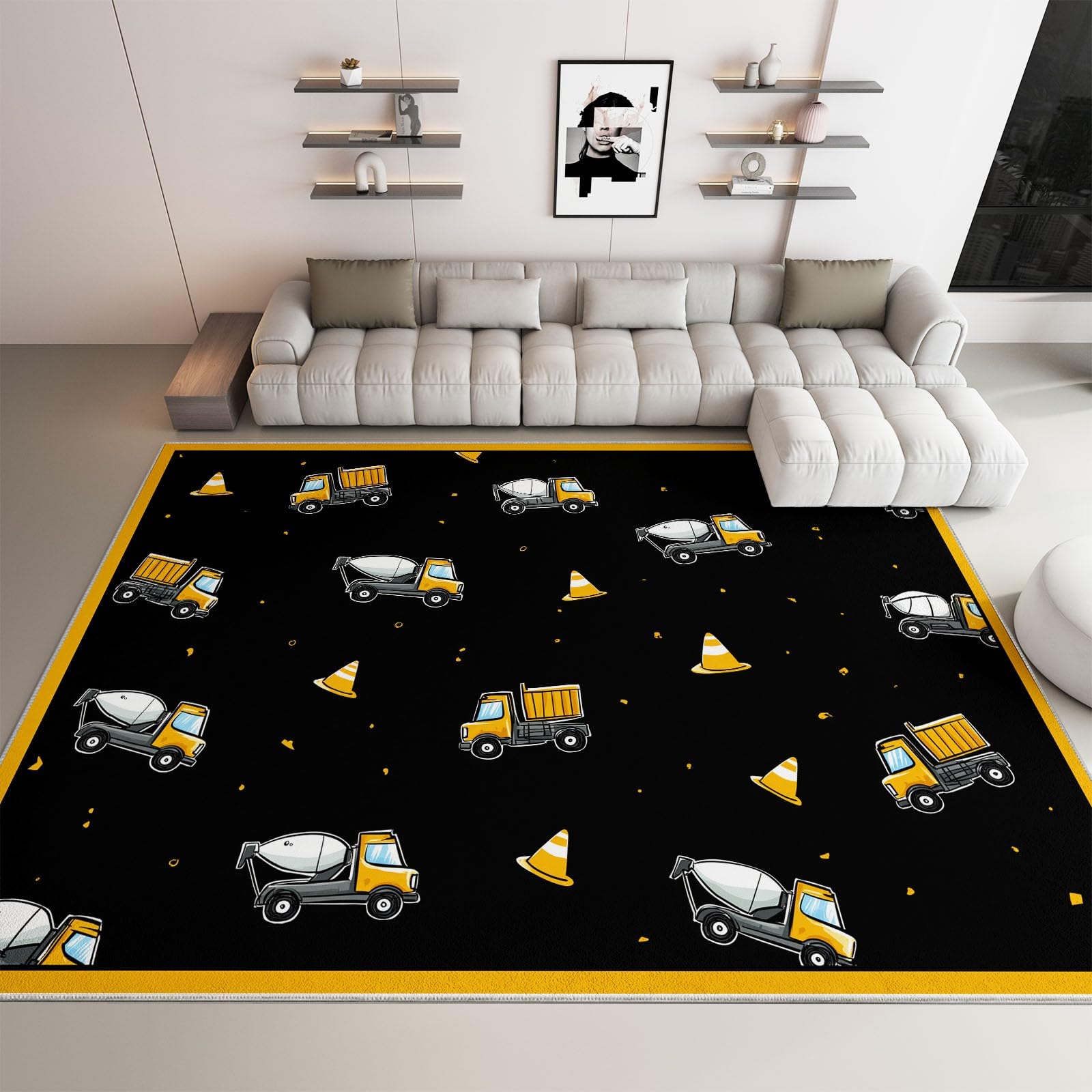 Generico Tappeto Salotto 80 x 150cm, Morbido Tappeto Scendiletto Camera da Letto Tema di costruzione camion dei cartoni animati Nero Tappeti Lavabili per Salotto Cameretta Bambino Pieghevole
