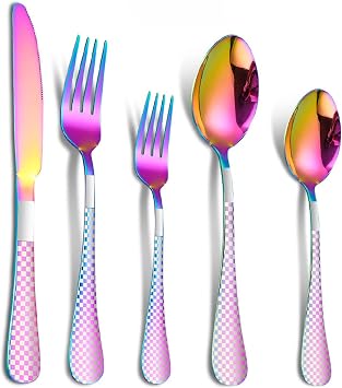 Vilihkc Silverware Set, Serving Utensils Flatware Cutlery Set 20 Piece Stainless Steel Tableware Set for 4 including Knife forks and spoons Colorful Plaid Print, Dishwasher Safe