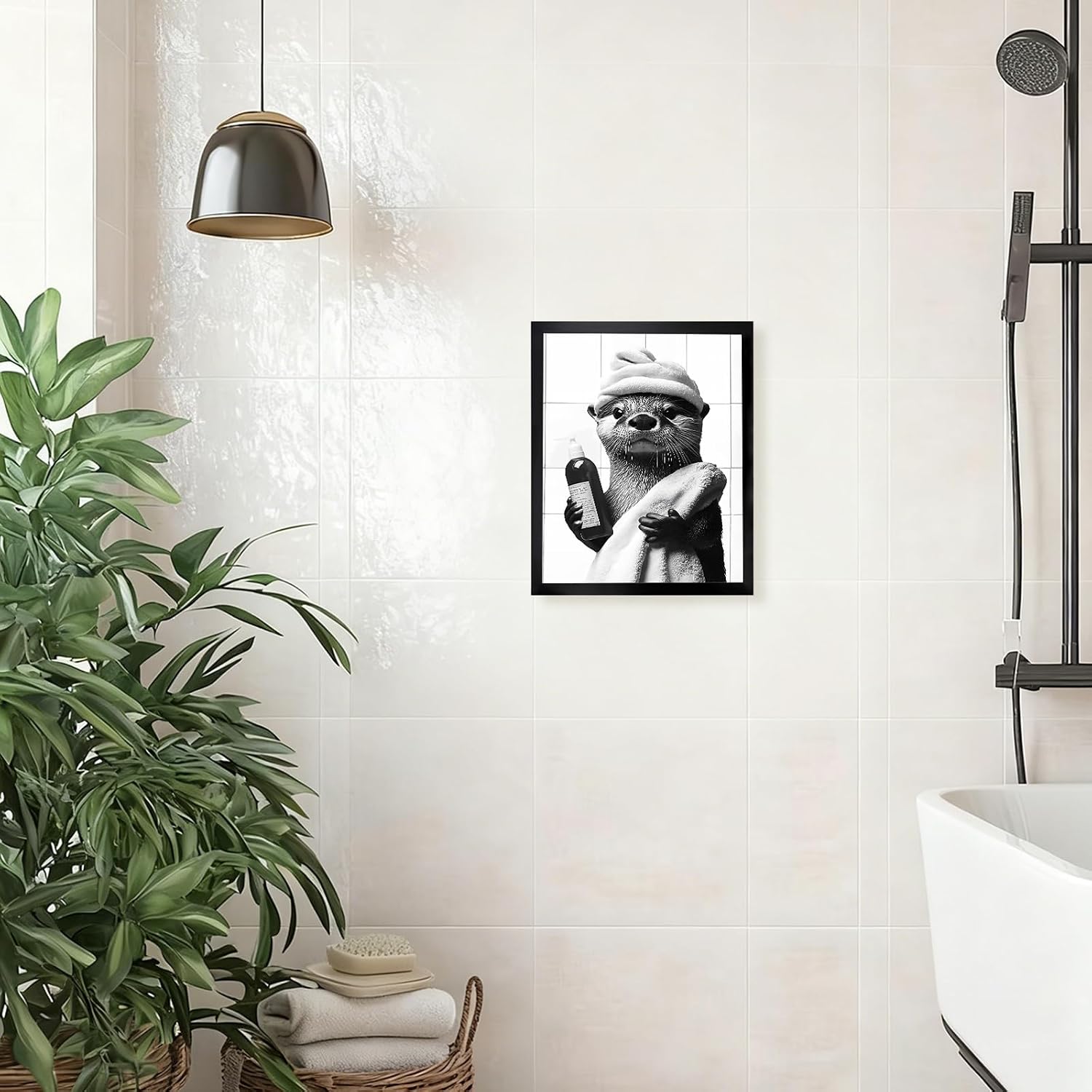 Black and White Bathroom Wall Art,Funny Otter Getting Ready to Bath Canvas Prints,Rustic Farmhouse Wall Decor Humour Animal Art Prints for Restroom Bathroom Decor Sign,Ready To Hang,Framed,8x10in image 3
