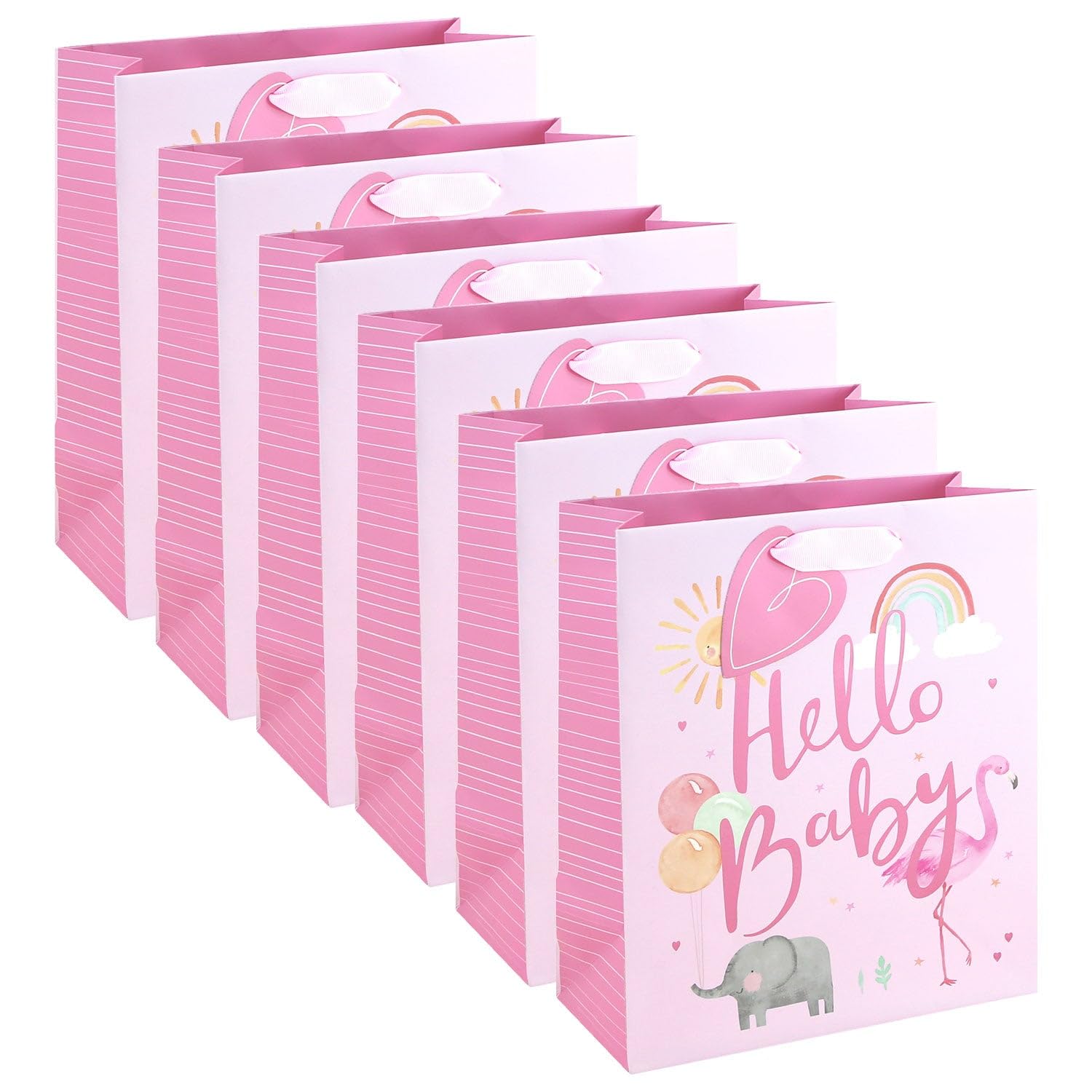 Eurowrap Hello Baby Girl Pink Medium Gift Bags Pack of 6 with Foil Detail, Ribbon Handles and Gift Tags, Baby Shower Supplies and Newborn Gifts