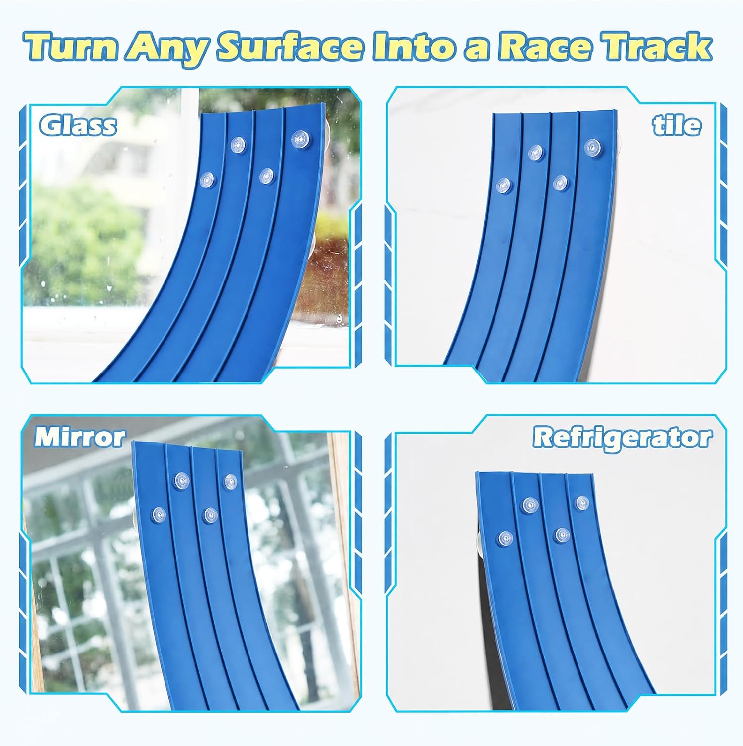 4-Lane Flexible Race Track, 15 Ft, Ocean Blue, Roll-Up Portable Racing Ramp with Suction Cups, Compatible with Hot Wheels/Matchbox and 1/64 Diecast Cars