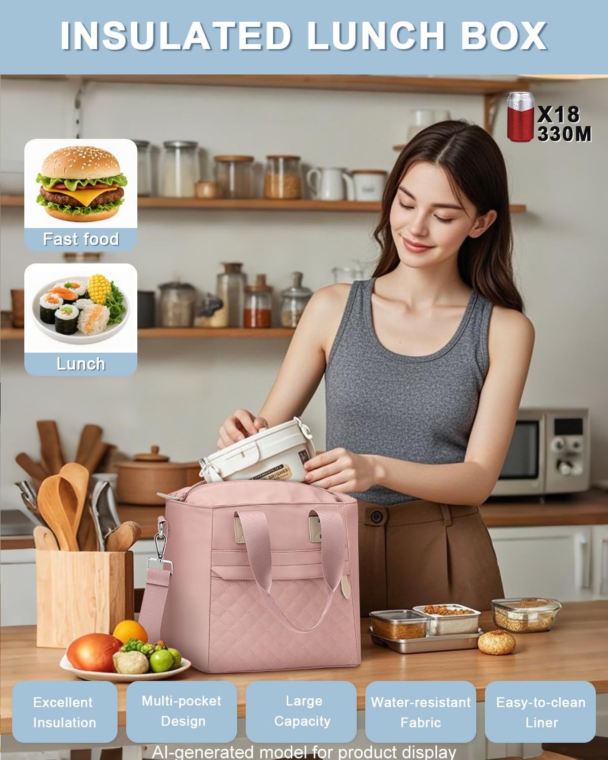 Capolo Lunch Bag for Women,Small Insulated Lunchbox Tote Reusable,M-Pink image 3