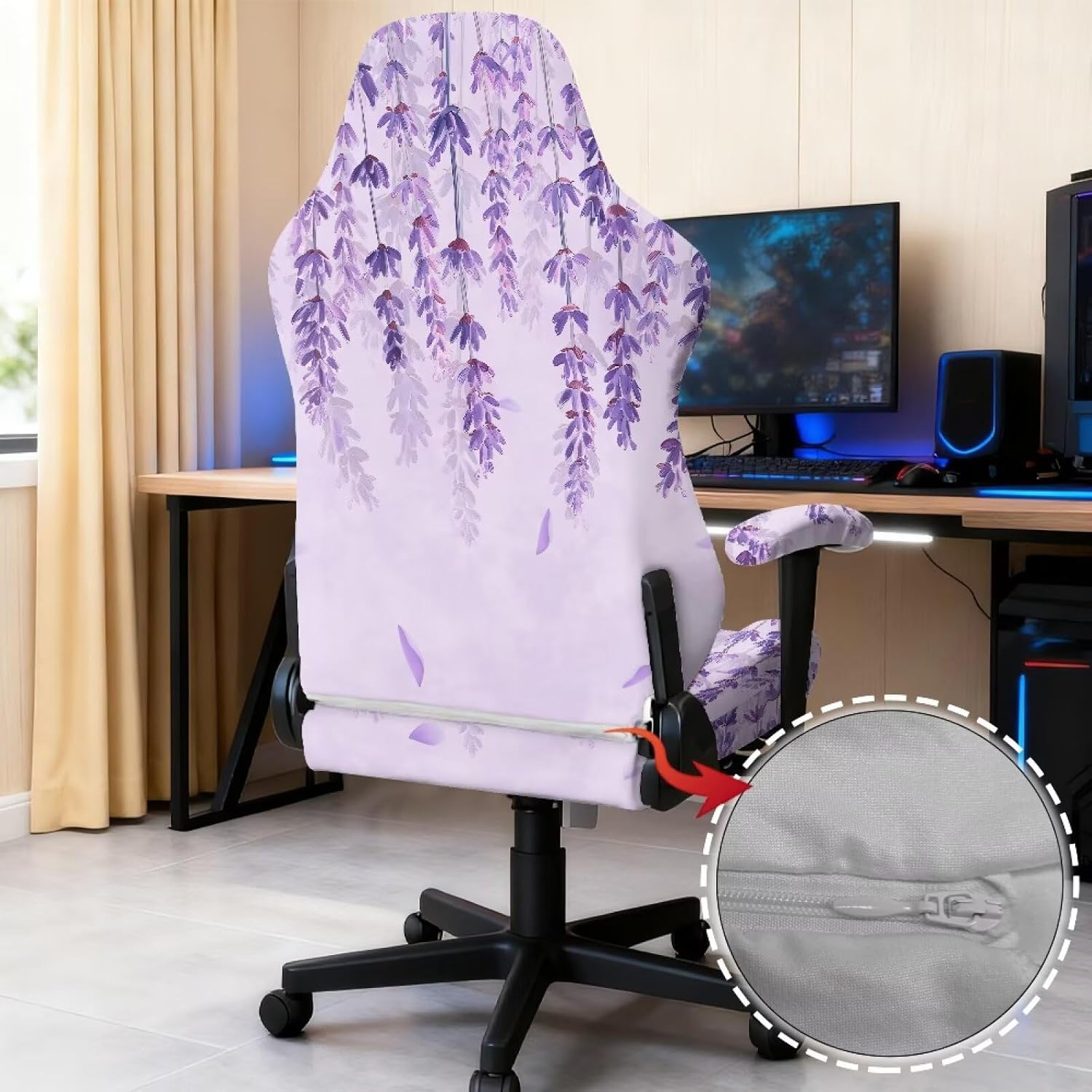 Suobstales Purple Lavender Print Gaming Chair Covers Waterproof Cat Scratch Proof Stretch Game Chair Cover with Armrest Anti-Scratch Protection for Ergonomic Gaming Rotating Desk Chair