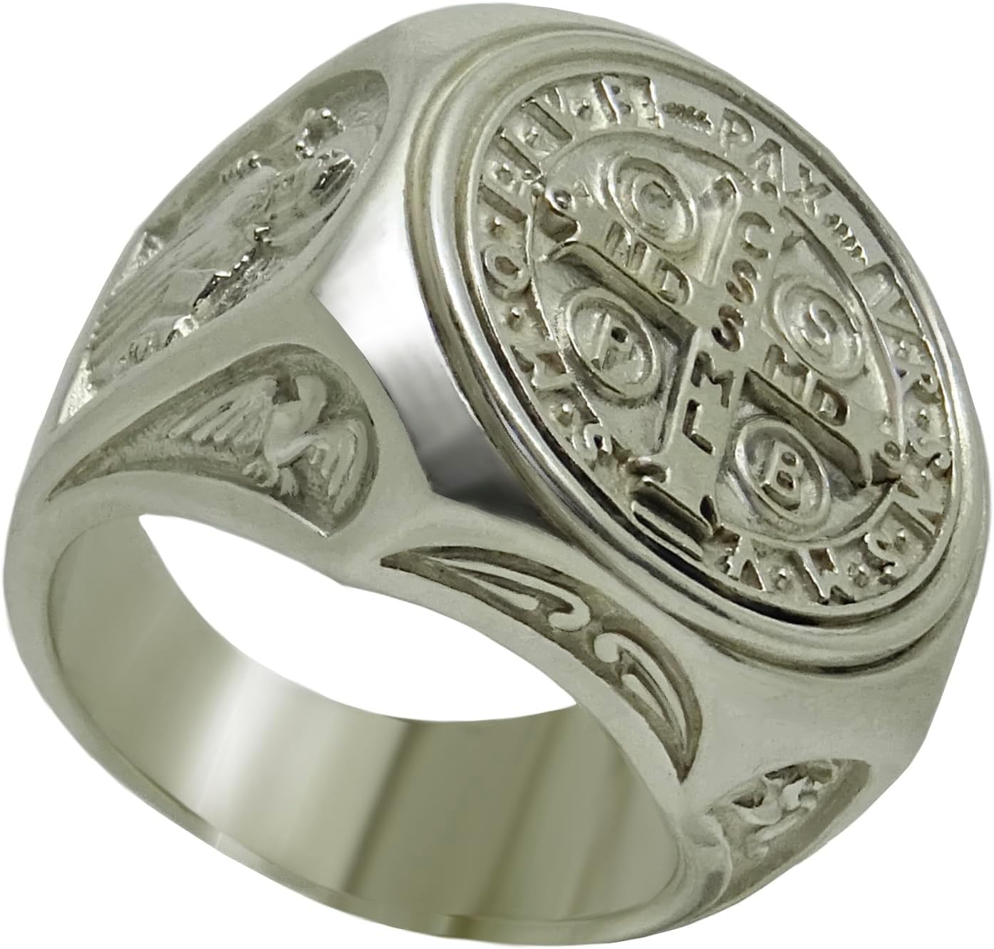 Saint Benedict Cross Shiny Finish Silver 925 Catholic Men's Ring