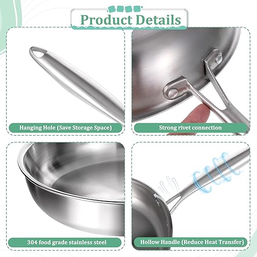 Miniatura 4 de Juego de sartenes de acero inoxidable de tres capas, 2 sartenes de 10 pulgadas sin revestimiento con mango que se mantiene fresco, juego de sartén,