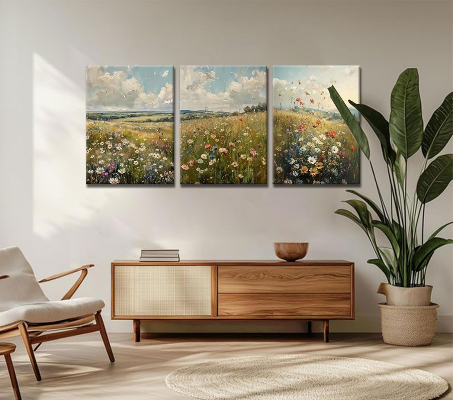 3pcs vintage wildflower wall art farmhouse field landscape canvas decor natural scenery colorful floral oil painting print suitable for living rooms bedrooms studies and offices12x16 Inches Framed
