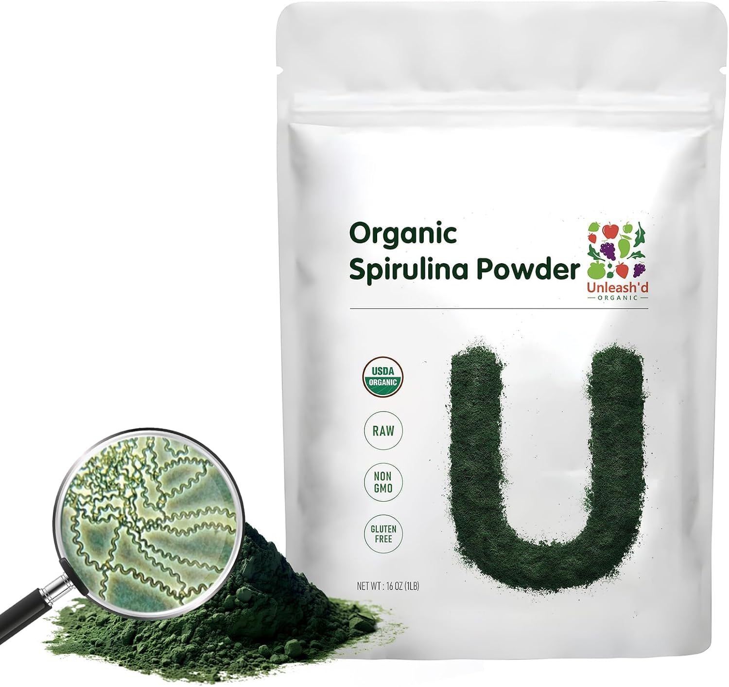 Unleash’d Organic Spirulina Powder 16 oz – 100% Pure Natural Superfood, High Protein, Antioxidant-Rich, Vegan, Non-GMO, Gluten-Free