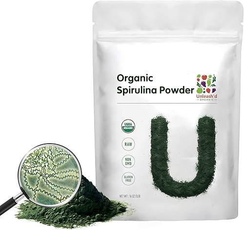Unleash'd Organic Spirulina en polvo 16 onzas  Superalimento natural 100% puro, alto en proteínas, rico en antioxidantes, vegano, sin OMG, sin gluten