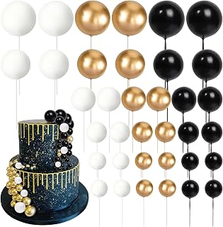 48Pcs Ball Cake Topper Decorations Mini Balloons Cake Toppers Sticks Foam Balls Cupcake Picks Decorating for Wedding Baby Shower Birthday Party Supplies (Black, Gold, White)
