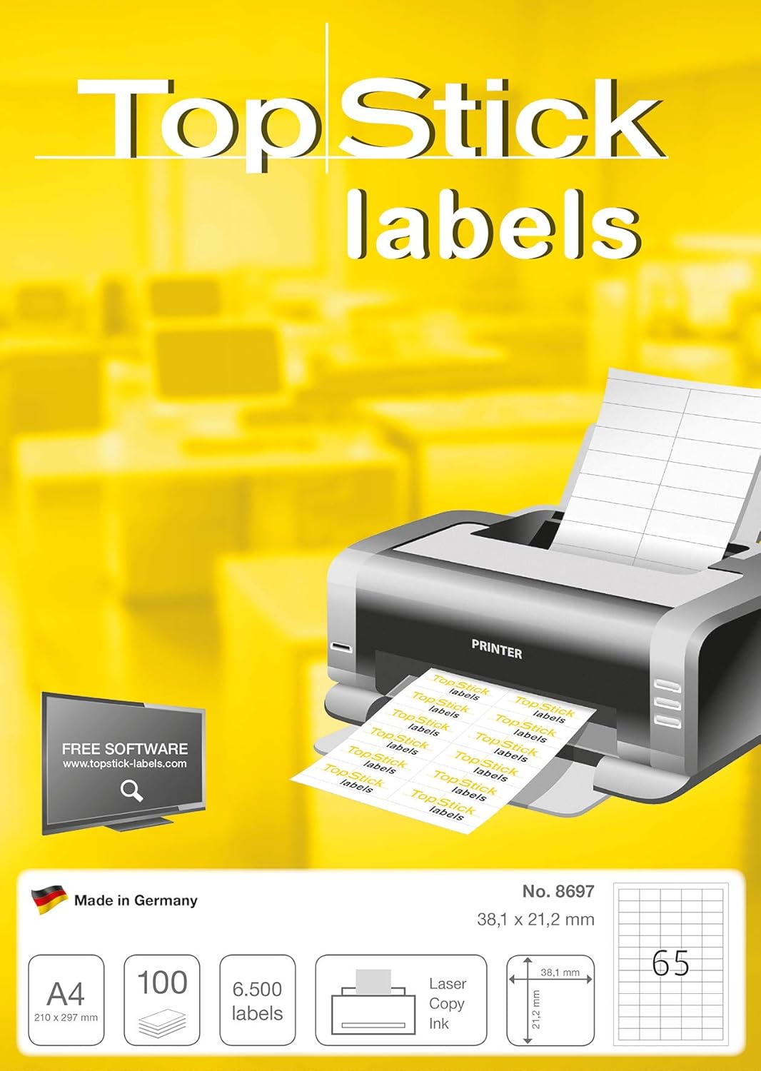 TopStick A4 Self Adhesive Address Labels, 65 Labels Per Sheet, 100 Sheets, 6,500 Labels, 38 x 21.2 mm, Blank Printer Labels for Laser & Inkjet, Printable Sticky Paper Labels for Office & Home