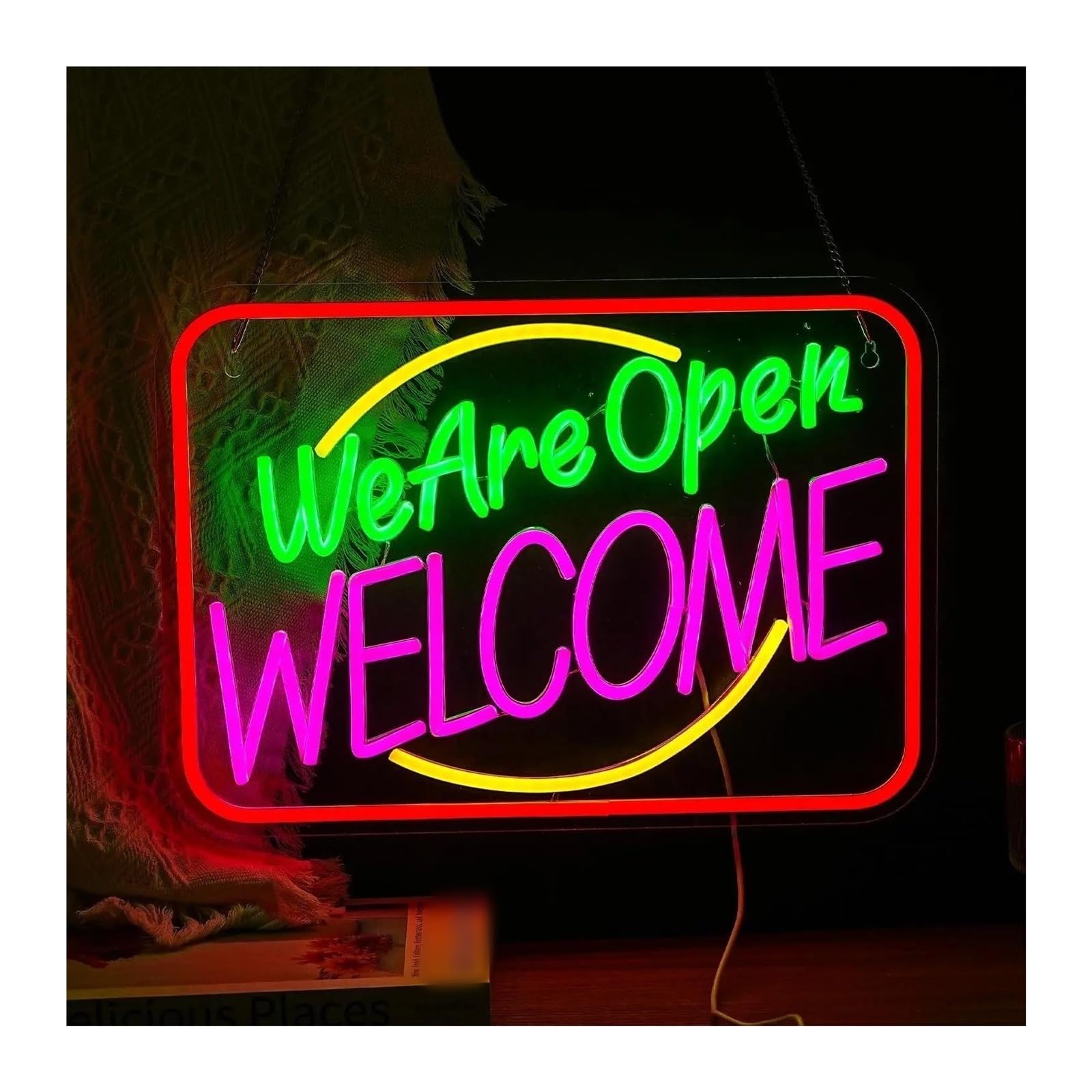 RONGCH Hanging Art Neon Signs We are Open Welcome Neon Sign Dimmable Wall Decor for Coffee Shop Bar Restaurant Salon Hotel Welcome Window Display 42x30cm