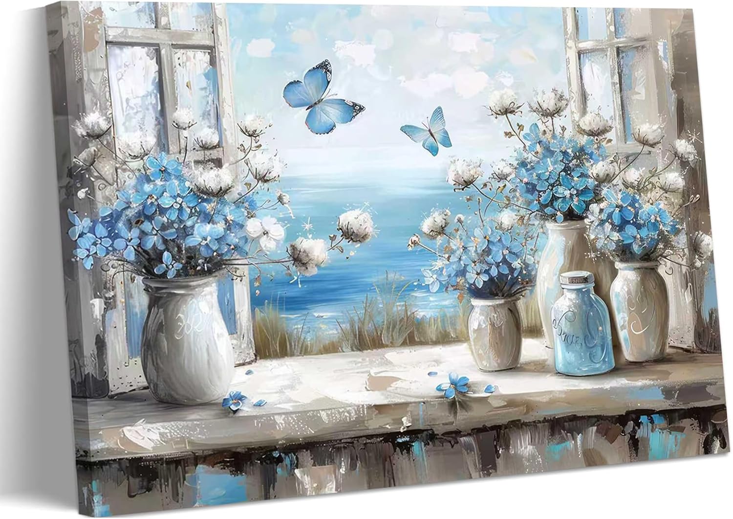EDZQWLQI Blue Coastal Flower Bathroom Canvas Wall Art Butterfly Painting Picture Decor Window Beach Poster Print Artwork for Living Room Home Decoration 24x16in Frame