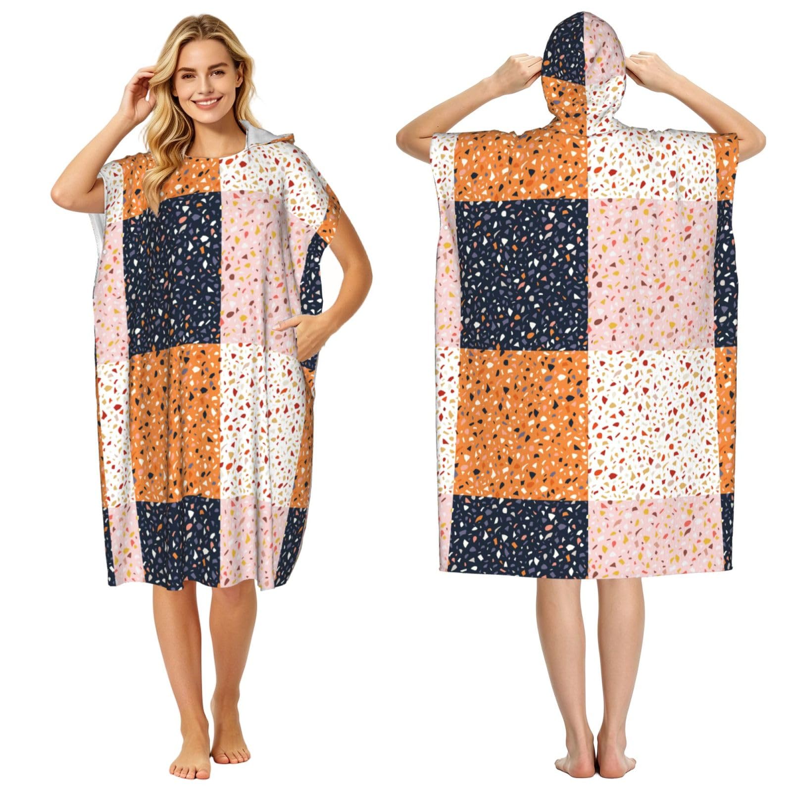 Poadnly Seamless Vector Terrazzo Patterns, Adult Hooded Beach Towel 90 x 110 cm,Changing Bath Robe, Surf Poncho Towel For Women Men