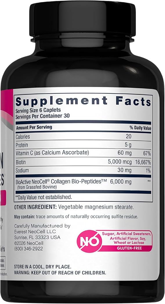 NeoCell Collagen Peptides Pills | 180 Tablets | with Vitamin C and Biotin | Grass Fed Bovine | Hair, Skin, Nails | for Women and Men