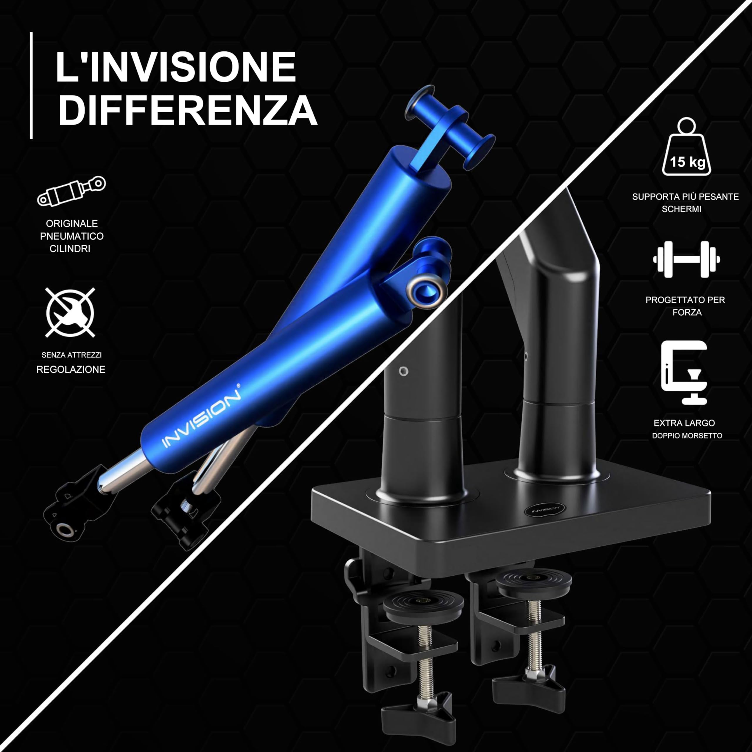 Invision Braccio Monitor Doppio per 24-35" pollic schermi, Peso da 2-15kg, VESA 75/100 mm, Supporto Ergonomico con Molla a Gas e Gestione dei Cavi, Inclinazione, Rotazione, Scrivania Morsetto (MX900)