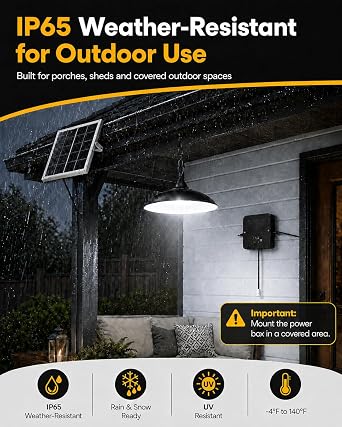 Solar Shed Light Indoor Outdoor, 2000LM Solar Pendant Light, Daytime Available with Pull String Switch, 3 Modes Battery Display, Split Solar Panel IP65 Waterproof for Barn, Gazebo, Chicken Coops, Shop