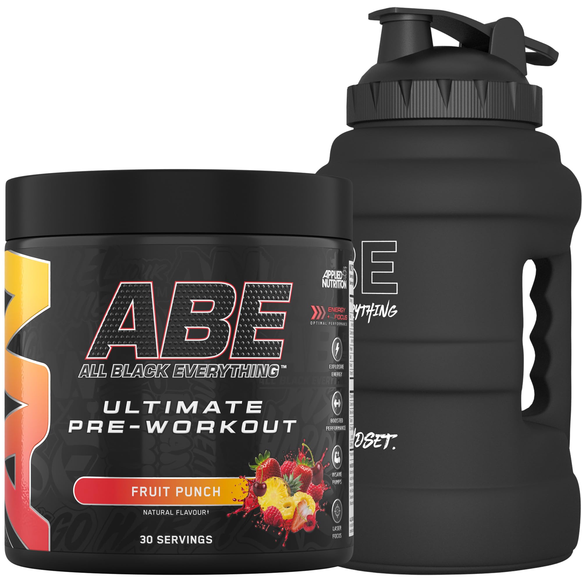 Bundle ABE Pre Workout 375g + JUG 2.5 LT Matt Black | All Black Everything Pre Workout Powder, Energy & Physical Performance with Creatine, Beta Alanine (Fruit Punch)