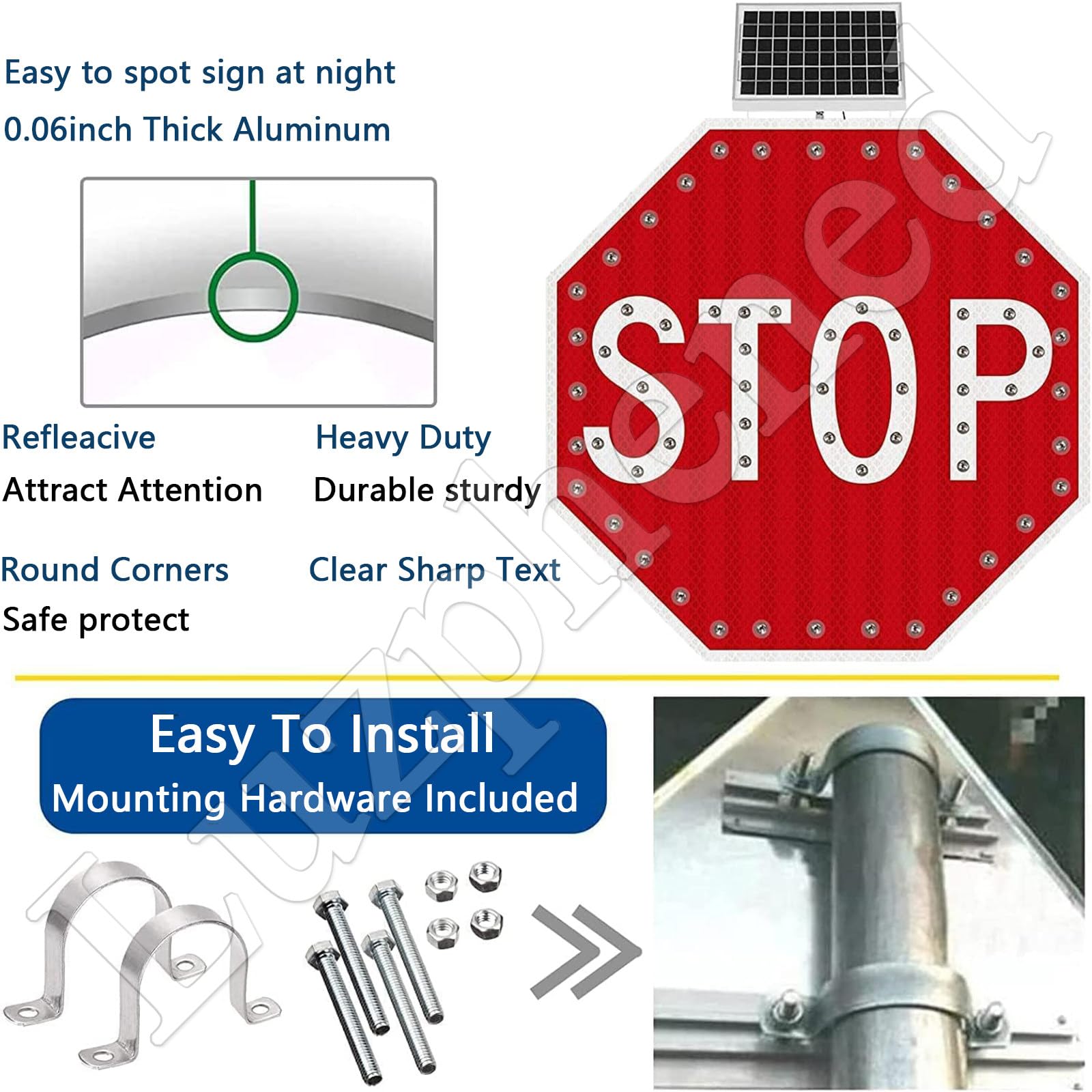Señal de stop LED con energía solar con película reflectante de grado industrial, señal de tráfico intermitente roja, señales de carretera octagonales de aluminio pesado, resistente al agua IP65 30''