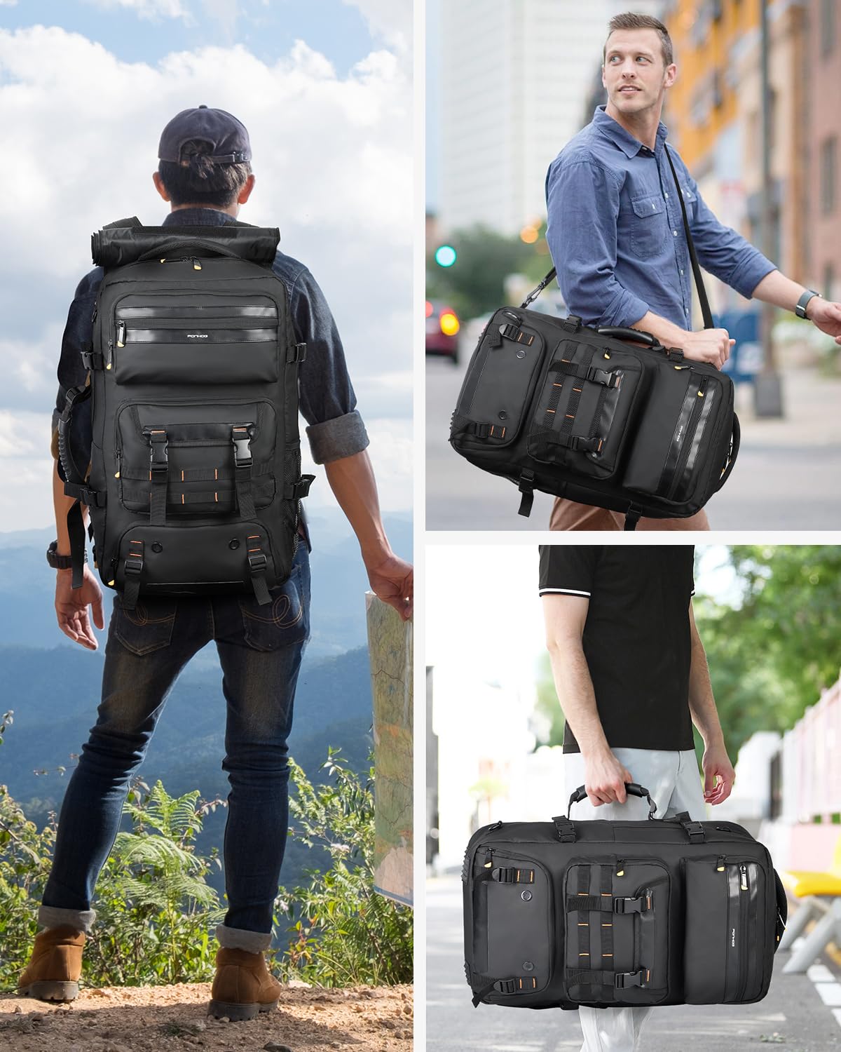 Ponhog Mochila de Viaje Grande 50L, Mochila Viaje Impermeable para Portátil 17,3, Travel Backpack para Excursión y Acampada, Negro