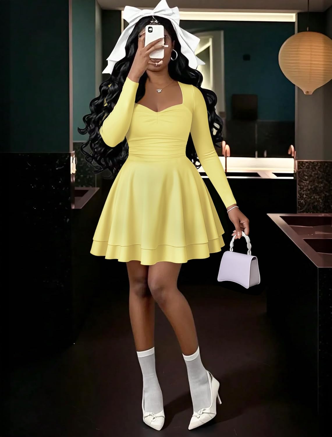 IWD Women's Square Neck Long Sleeve Mini Dress Ruched Corset Waist Tiered Ruffle Hem A Line Short Party Dresses - Image 3