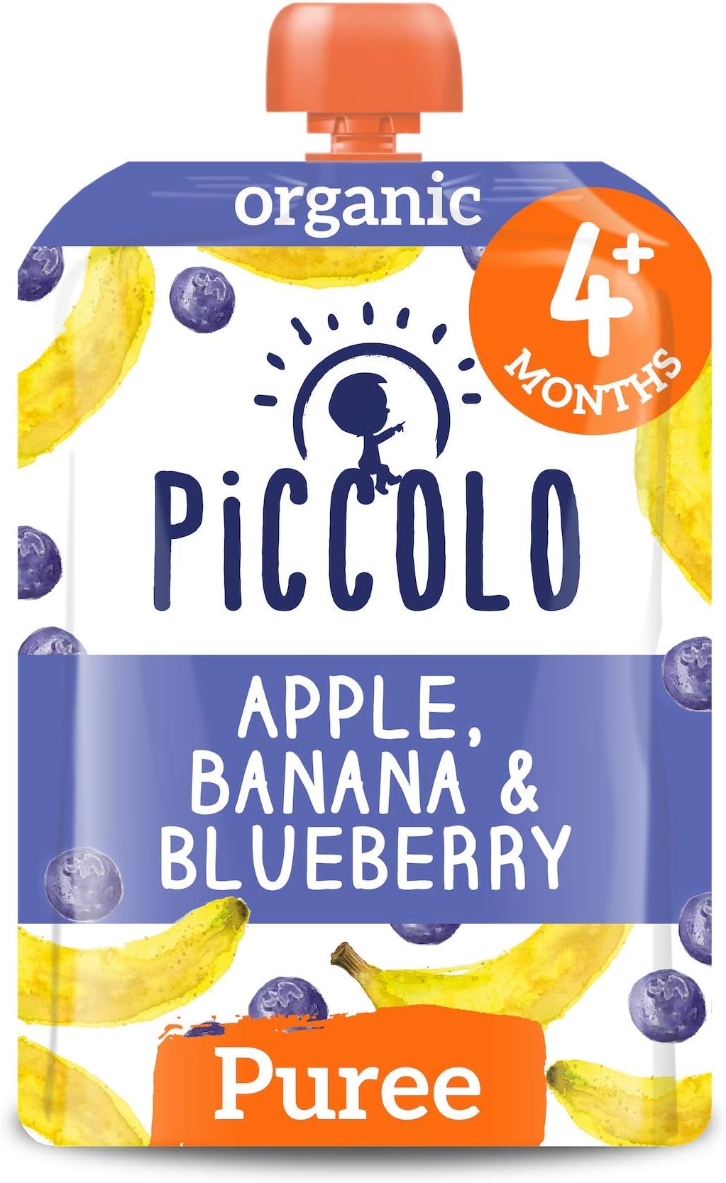 Piccolo Organic - Baby Food - Baby Food 4 Months+ Apple, Banana & Blueberry Puree – Pack of 5 x 100g – Stage 1 Baby Food Pouches - Gluten Free & Dairy Free