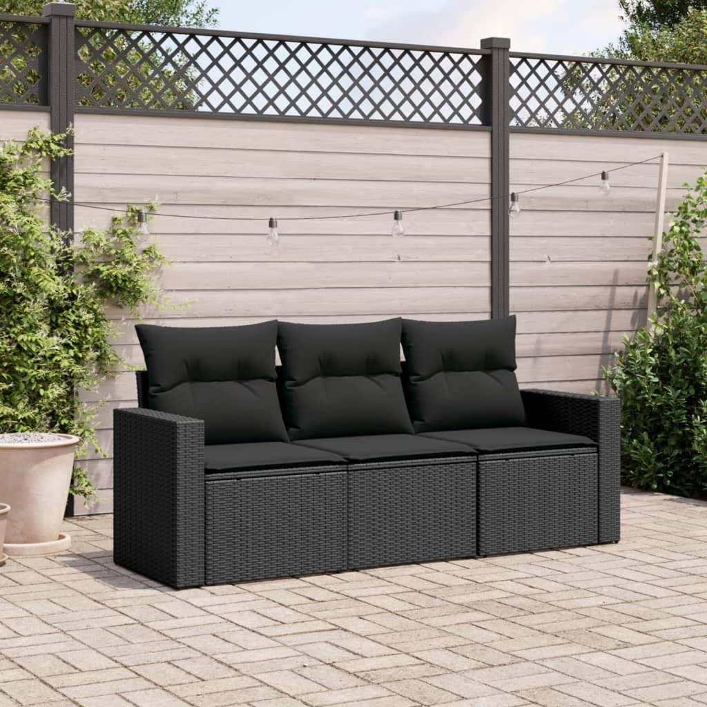 vidaXL Garten Sofa Garnitur 3-TLG., Gartenmöbel Set mit Kissen, Sitzgruppe für Garten Terrasse, Modular Gartensofa Lounge, Schwarz Poly Rattan
