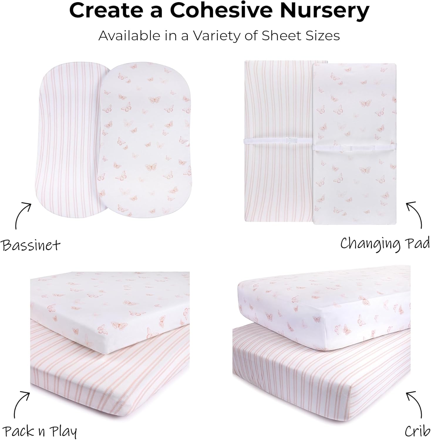Ely’s & Co. Crib Sheets, Baby Girl Fitted Crib Mattress Sheet Set, 2 Pack, 100% Jersey Knit Cotton, Infant and Toddler Nursery Bedding, Pink Butterfly + Stripes Print, 28” x 52”