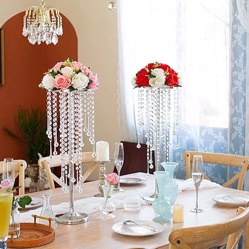 Miniatura 2 de Soporte central de boda de 21.6 pulgadas, jarrón de metal plateado con cristal de 2 piezas encantador portavelas para mesas de recepción, decoración