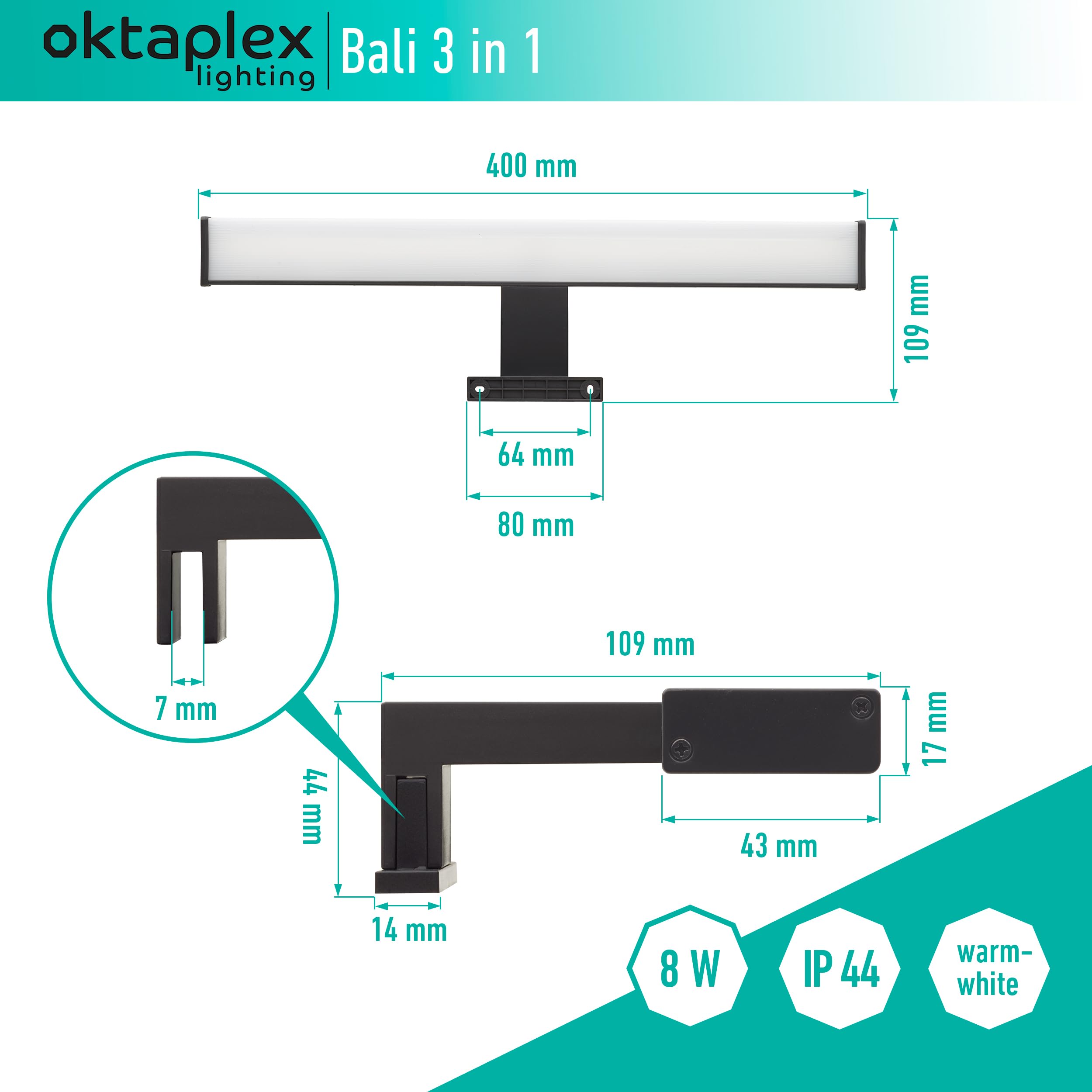 Oktaplex lighting LED Mirror Light Nero 40cm 3 in 1 Montaggio 3000K Bianco caldo 8W 570lm Lampada per specchio da bagno