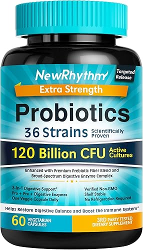 Newrhythm Probióticos 120 mil millones de cepas 36, probióticos 3 en 1 para salud digestiva y apoyo inmune con prebióticos y enzimas, probioticos para mujeres y hombres, liberación dirigida, 60 gorras vegetarianas