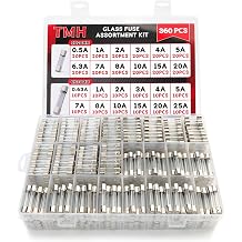TMH 360pcs Quick Blow Glass Tube Fuse 24 Value Assorted Kit 250V 0.5A 1A 2A 3A 4A 5A 6.3A 7A 8A 10A 15A 20A 5x20mm, 250V 0.63A 1A 2A 3A 4A 5A 7A 8A 10A 15A 20A 25A 6x30mm Automotive Kit