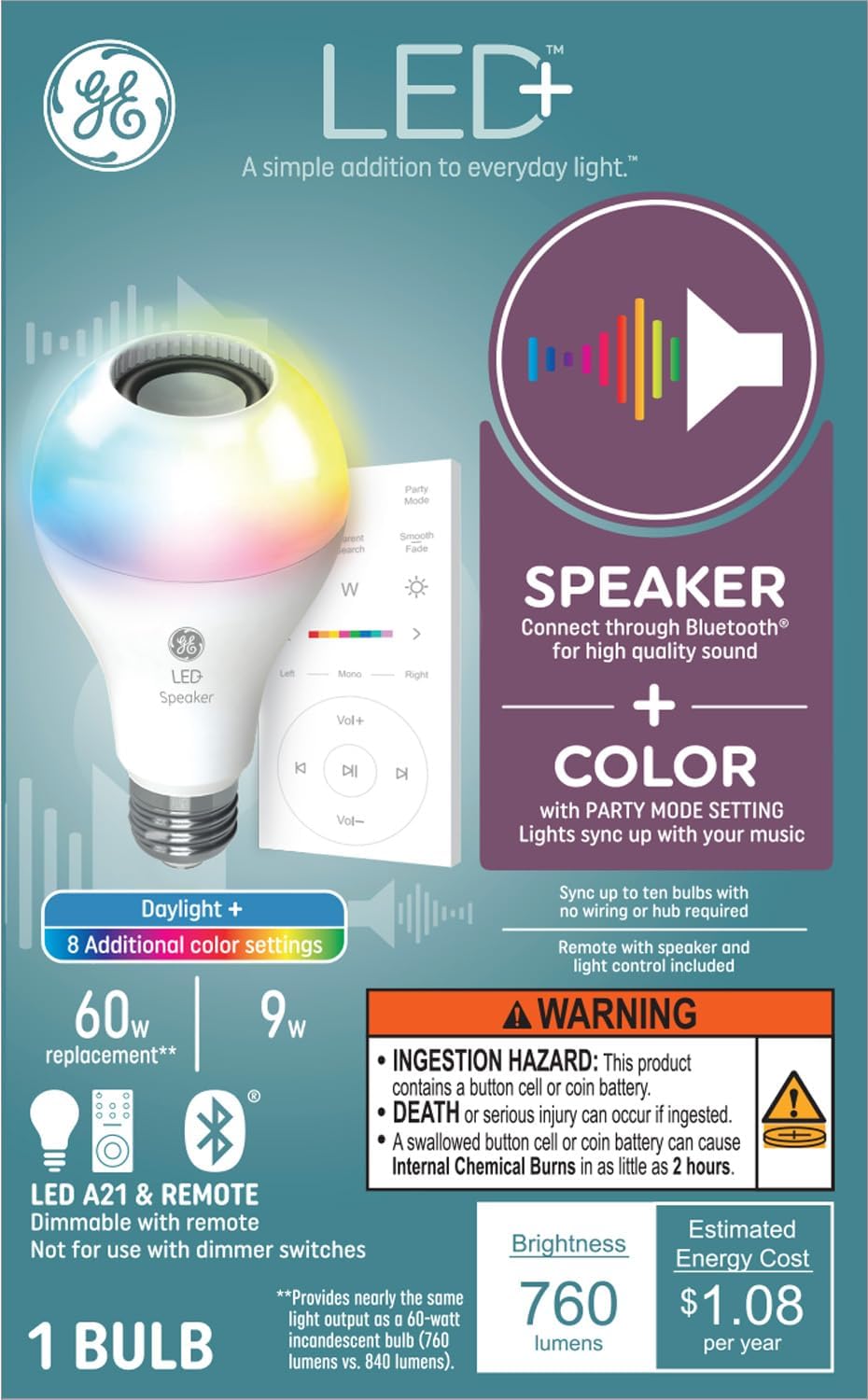 GE LED+ Color Changing Speaker LED Light Bulb with Remote