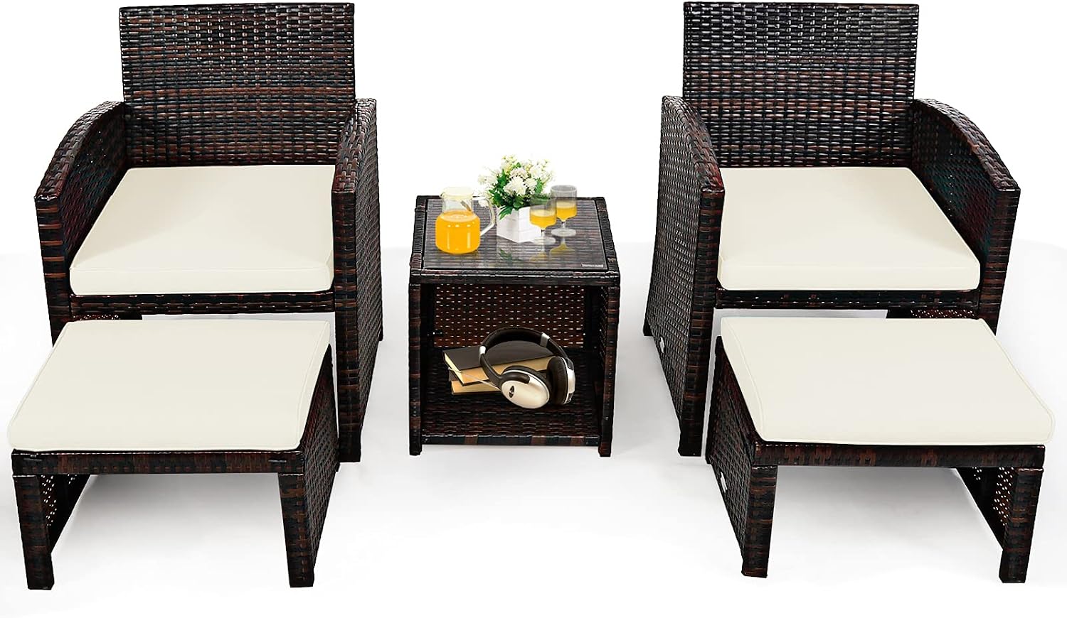 COSTWAY 5PCS Patio Rattan Wicker Furniture Set, Coversation Set with Side Table, Outdoor Cushioned Chairs with Ottomans for Backyard Deck, White