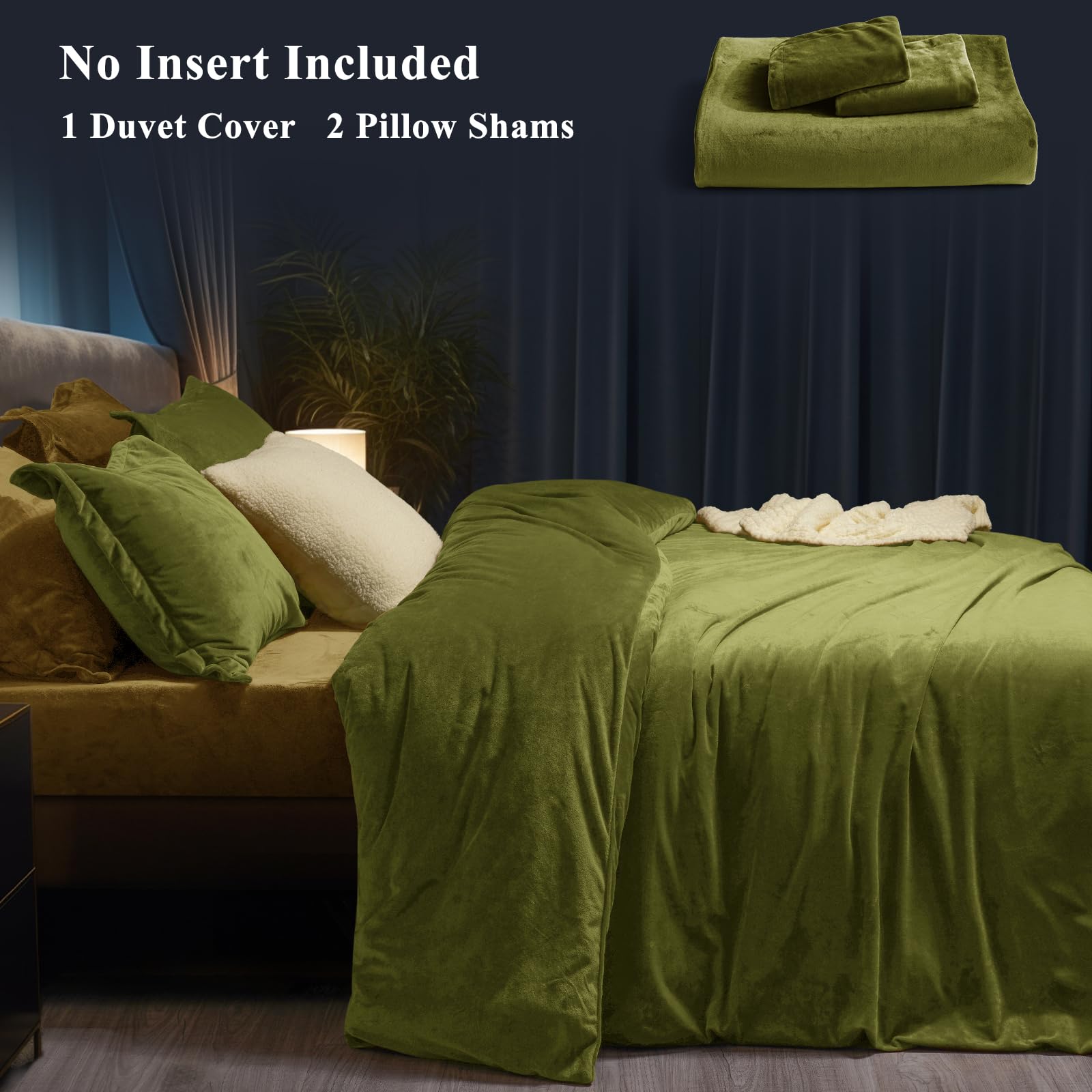 PHF Super Soft Velvet Duvet Cover King Size, 3-Piece Fluffy Velour Luxurious Cozy Breathable Durable Comforter Cover, Zipper Closure & 8 Ties, 1 Duvet Cover 104"x90" and 2 Pillow Shams, Sage Green