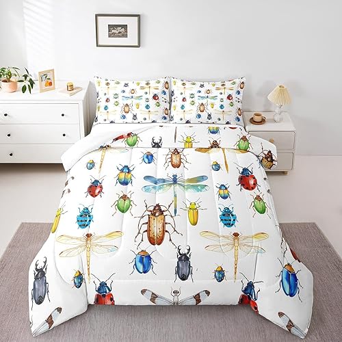 Edredón de plumón de libélula, juego de edredón de insectos de mariquita tamaño individual para niños, niñas y adolescentes, edredón de cama con
