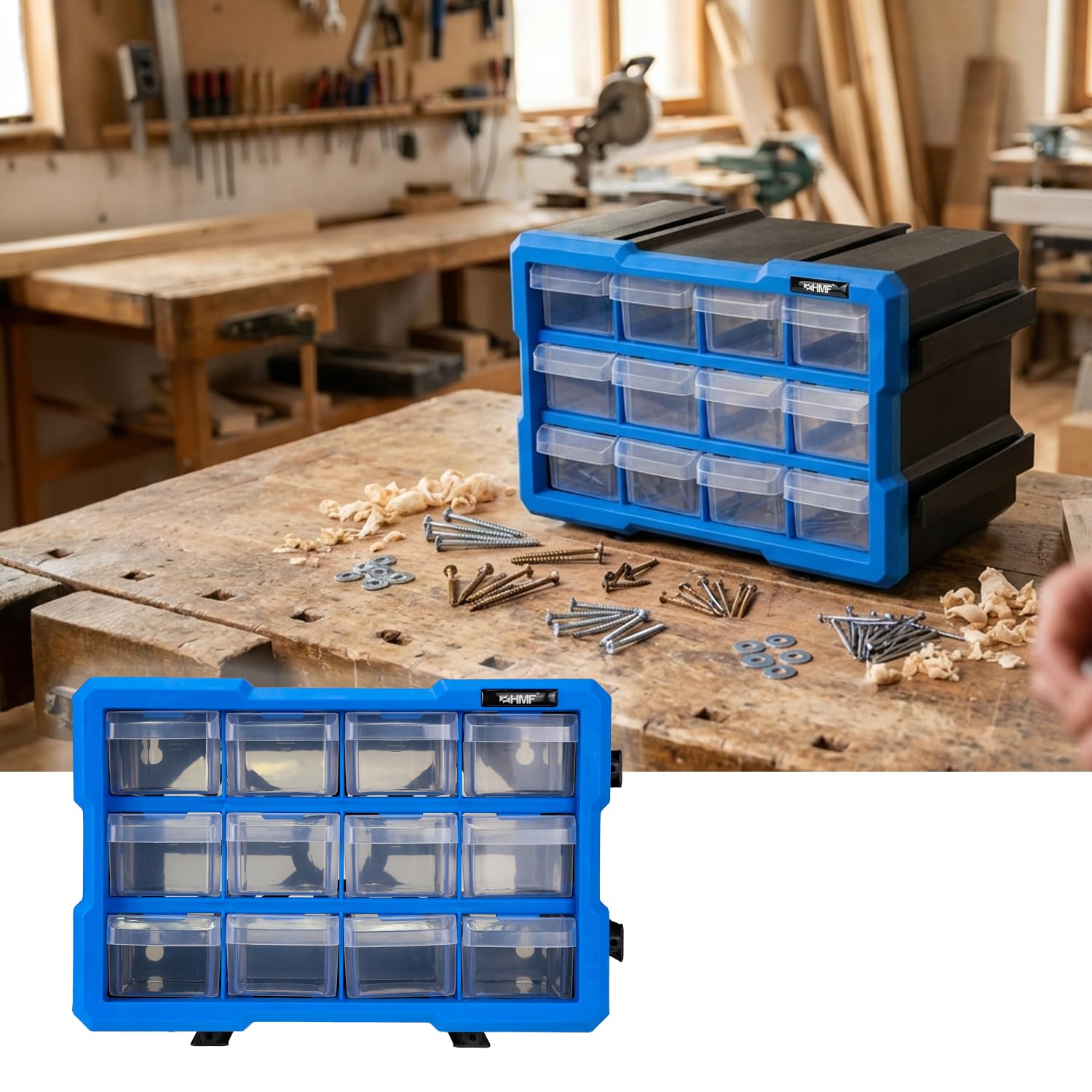 HMF Scatola organizzatrice per minuteria con 12 cassetti, cassettiera portaminuteria espandibile per viti e utensili | 24 scomparti | 29,5 x 19,5 x 16 cm | Blu-Nero