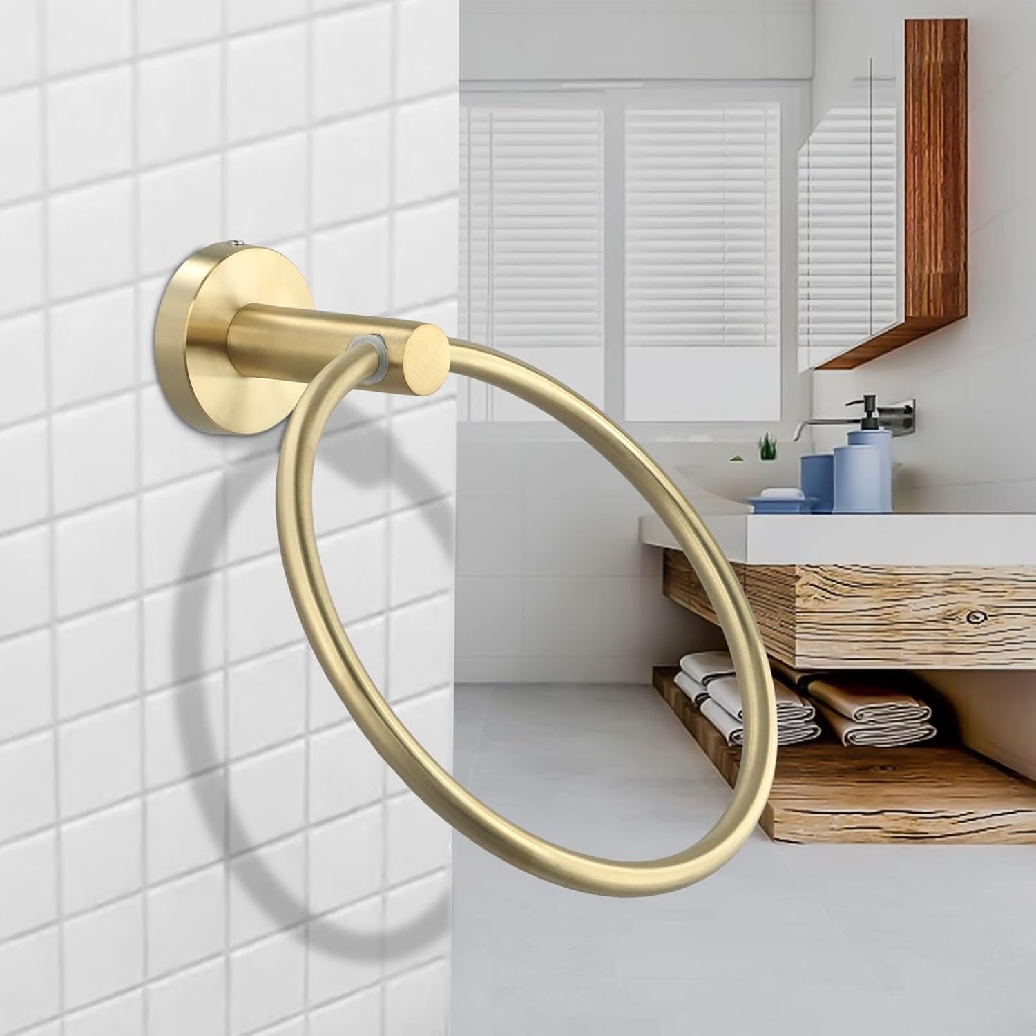 Brushed Gold Towel Ring Holder Wall, 304 Steel Bathroom Towel Rack Robes and Dishcloths, Space Saving Round Base, Golden Finish 6.5 Inch