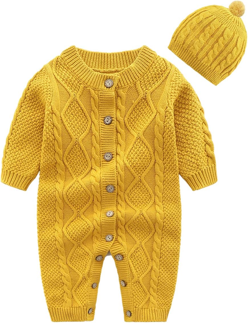Baby Newborn Cotton Knitted Sweater Romper Longsleeve Outfit with Warm Hat Set