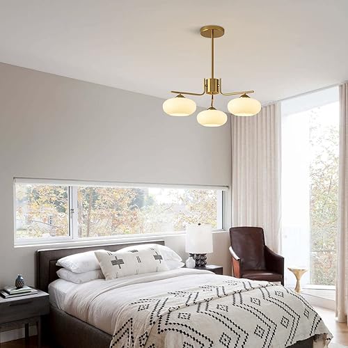 Miniatura 5 de KCO Lighting - Lámpara colgante moderna de mediados de siglo con 3 luces de cristal de leche dorado Sputnik, lámpara de araña de latón cepillado