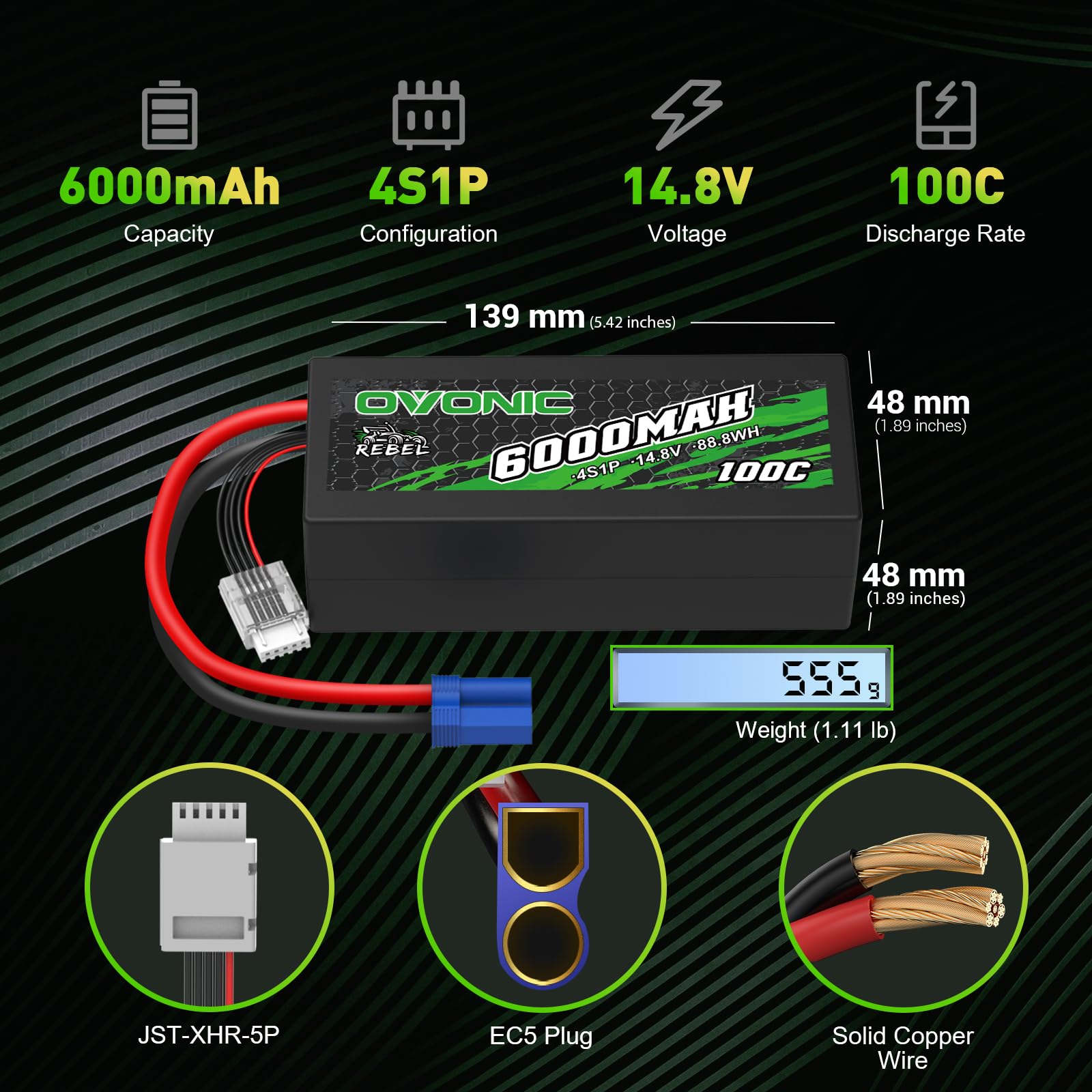 OVONIC Batería de polímero de litio 4S, 6000 mAh, 100 C, 14,8 V, con conector EC5, para coche, barco, camión, buggy, equipo asociado, bricolaje (2 unidades)