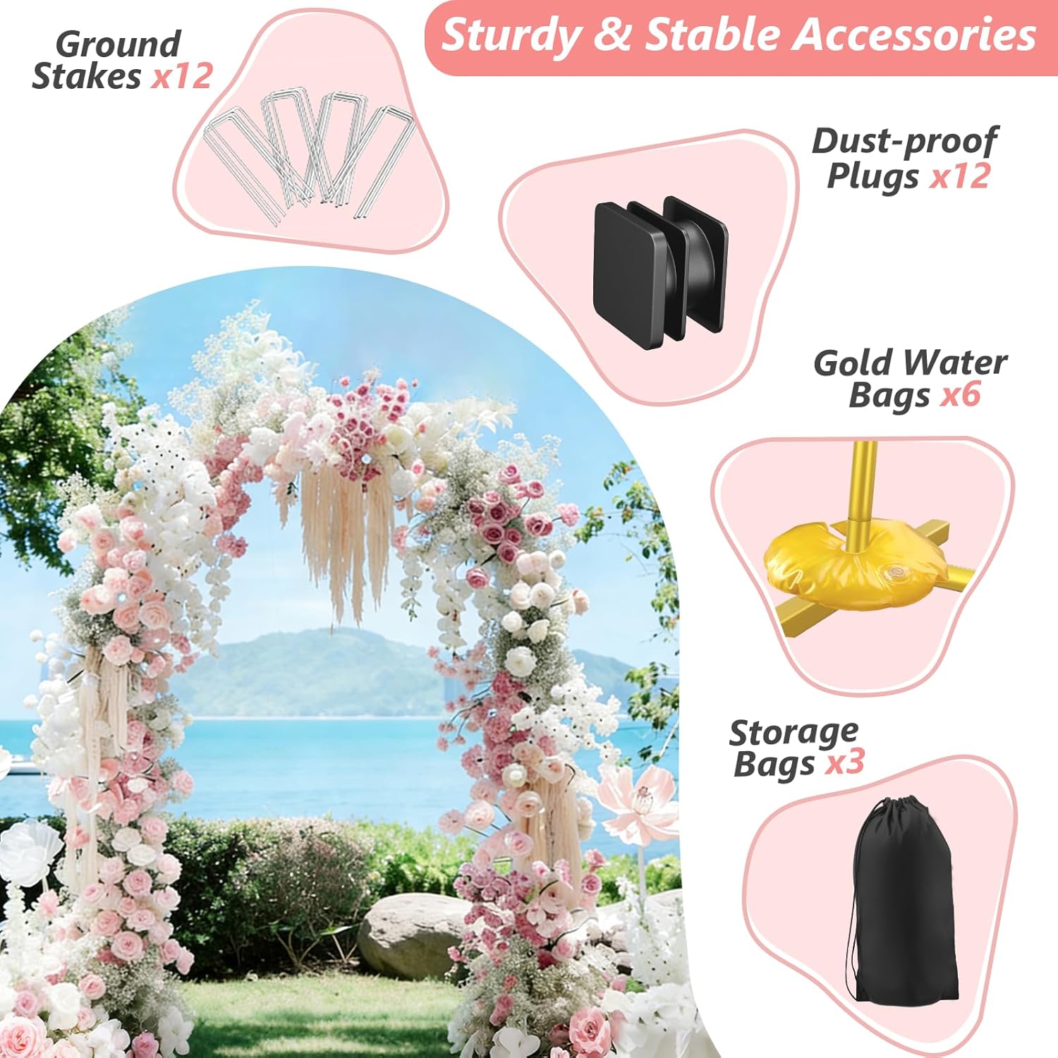 EMART Metal Arch Backdrop Stand Set of 3 (7.2FT/6.6FT/6Ft) Wedding Arch Frame with 12 Ground Nails/6 Water Bags, Arched Backdrop Stand for Wedding Birthday Party Baby Shower Graduation Festival Decor