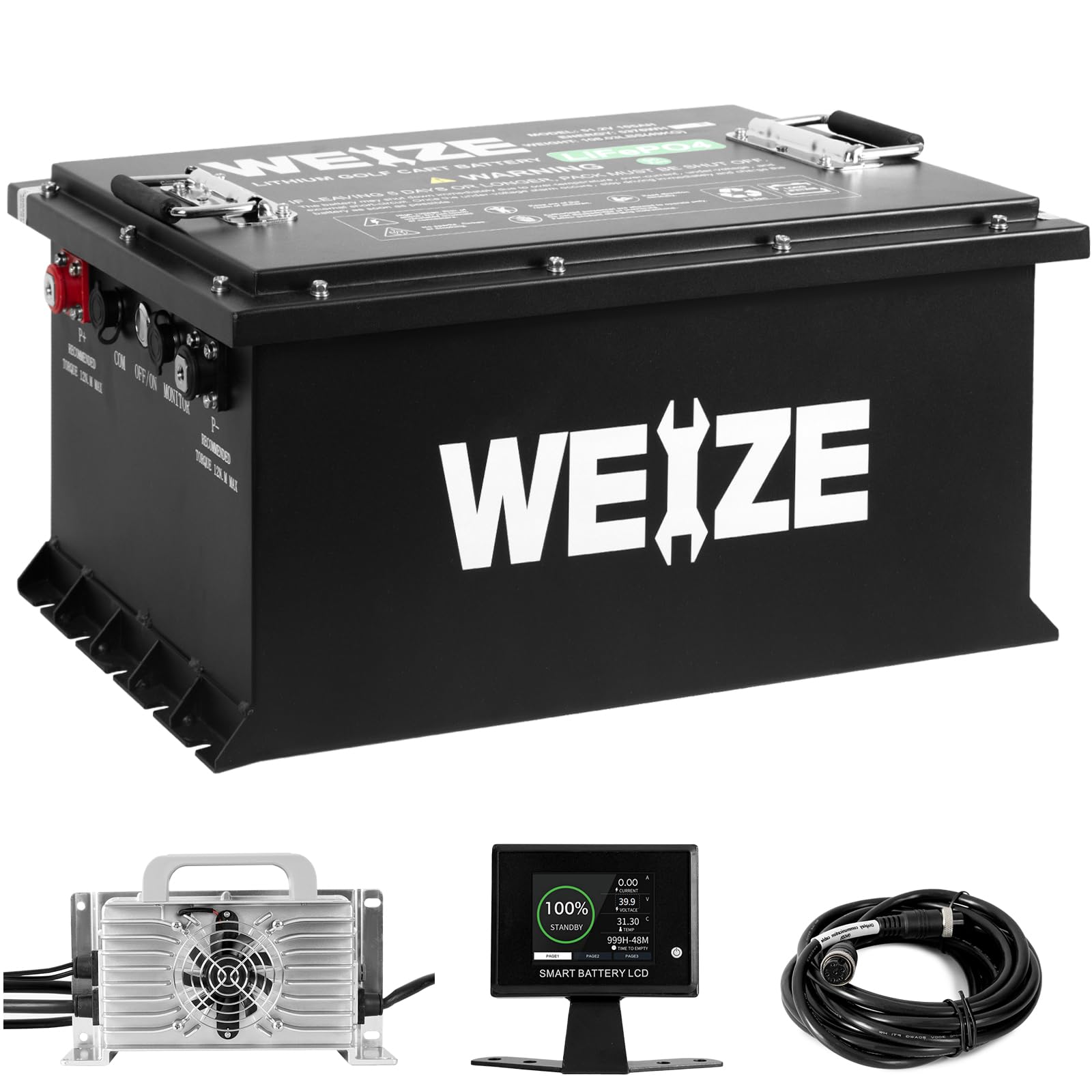 WEIZE 48V(51.2V) 105Ah Golf Cart Bluetooth Lithium Battery (Replace 6x8V GC8) with 20A Lithium Charger & LCD Display, Grade A Cells, 200A BMS, 600A Peak Discharge LiFePO4 Battery for Golf Carts