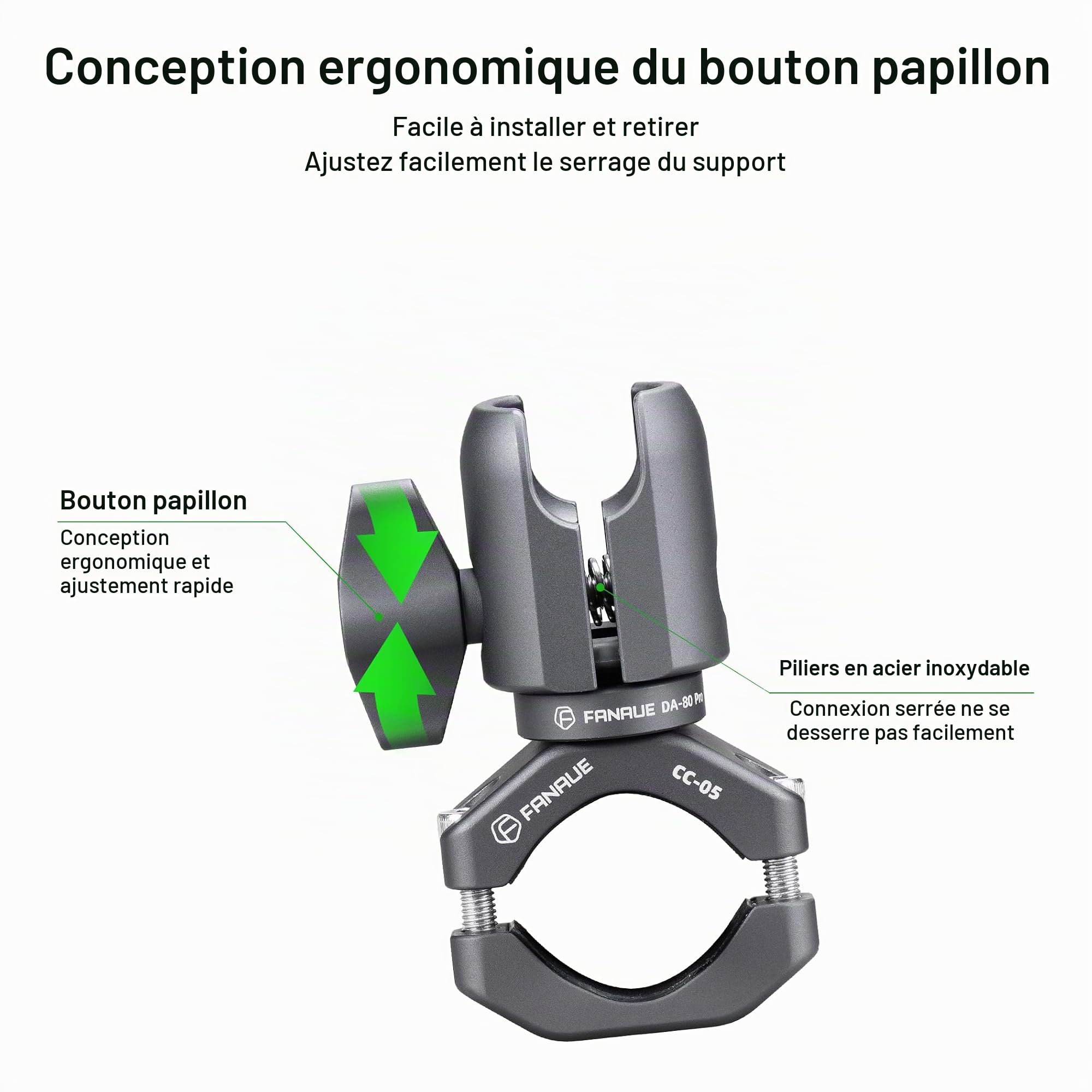 FANAUE Bras à douille unique avec support de serrage de guidon - Base en U compatible avec les supports RAM - Tête sphérique de 2,5 cm et support de téléphone pour vélo et moto - Peut être installé