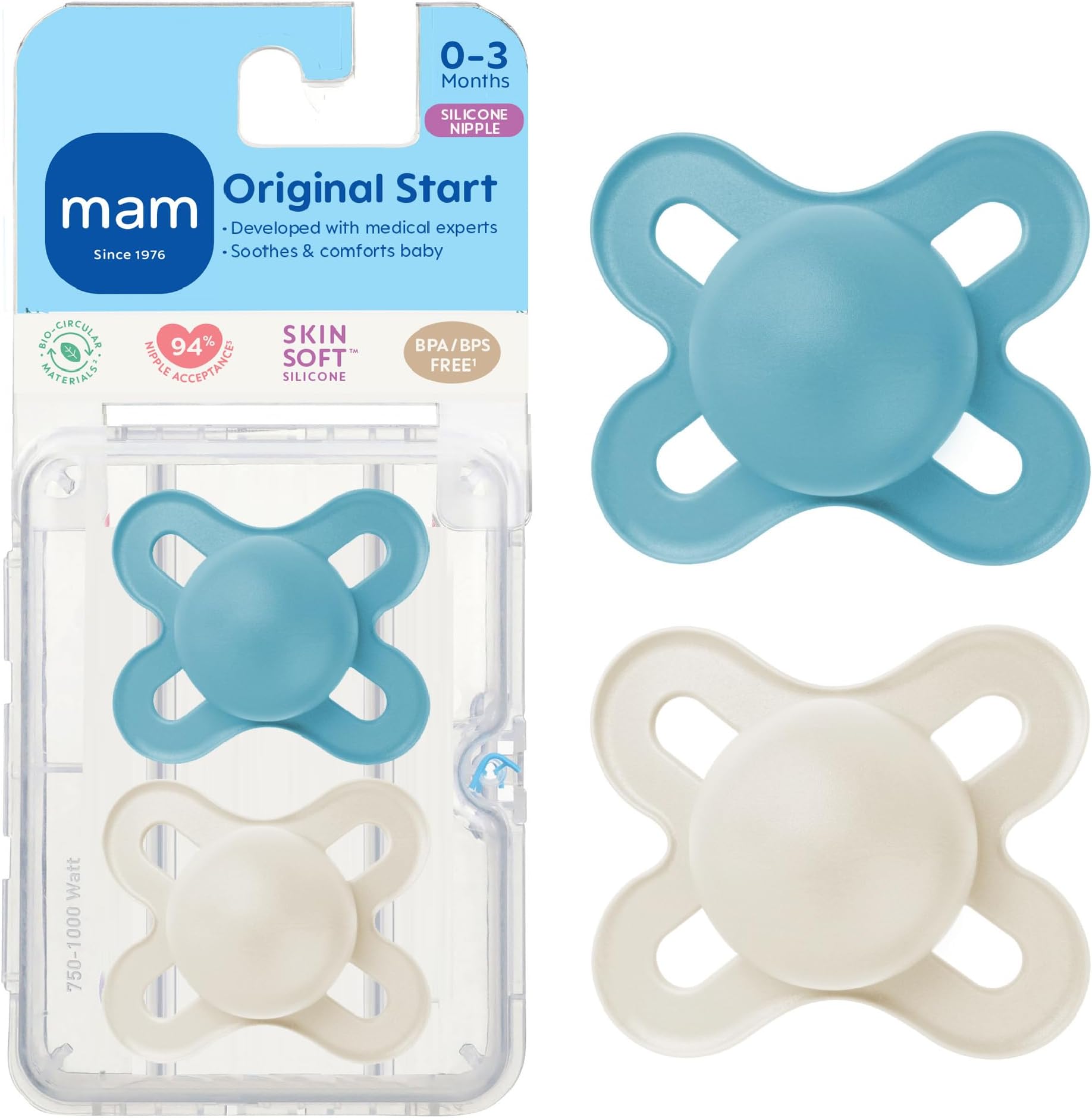MAM Original Start Matte Baby Pacifiers 0-3 Months, BPA-Free Skin Soft Silicone Nipple, Developed with Medical Experts Specially for Smaller Newborn Mouths, Easy to Clean, 2 Pk with Sterilizer Case