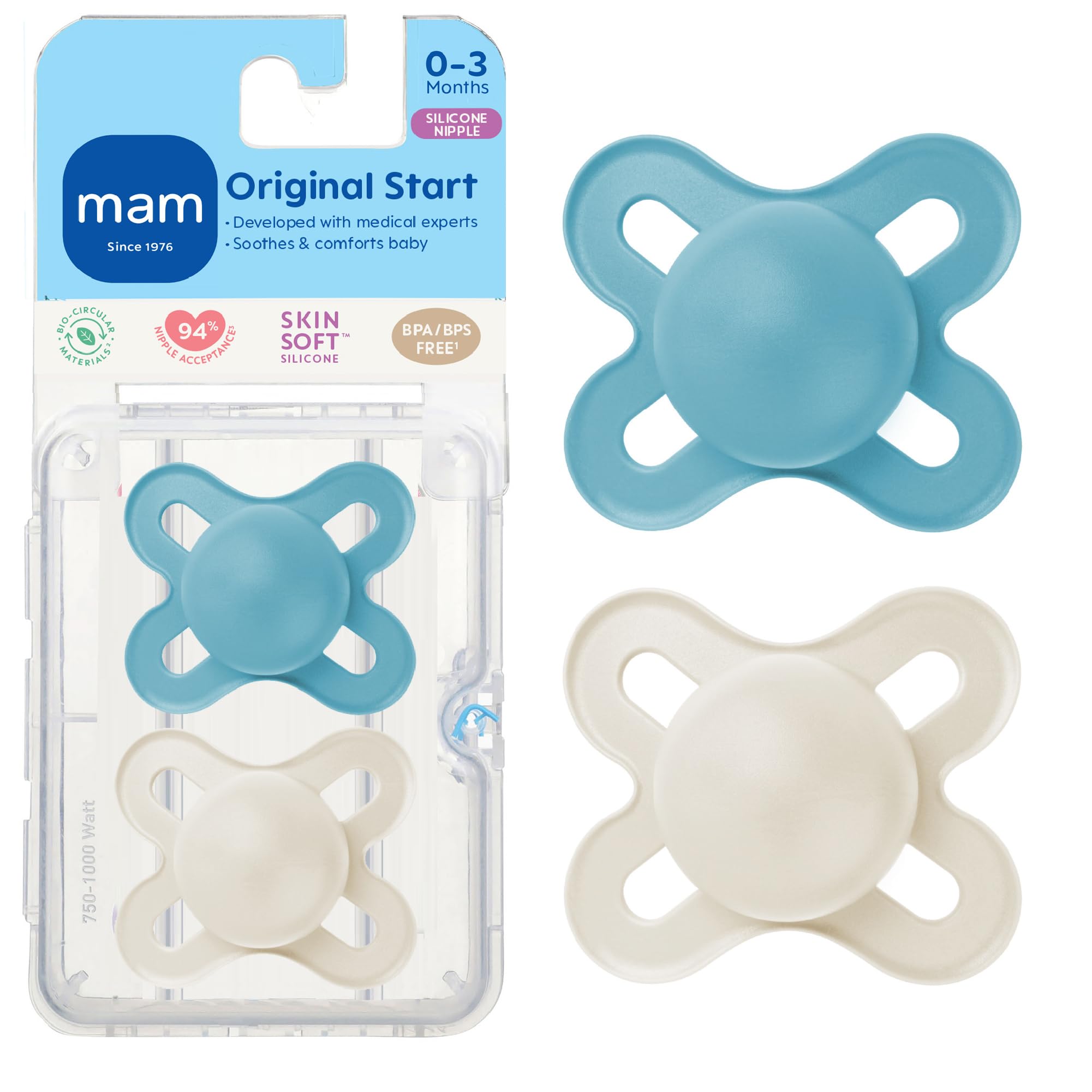 Original Start Matte Baby Pacifiers, Binky for 0-3 Months, BPA-Free Silicone Nipple, Easy to Clean, Best for Newborn Babies, Developed with Medical Experts, 2 Count Binkies with Sterilizer Case