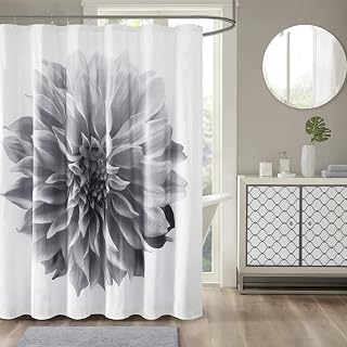 Madison Park Norah Baumwoll-Duschvorhang, übergroß, realistisch, Blumendruck-Design, modernes Badezimmer-Dekor, maschinenwaschbar, Stoff-Sichtschutz, 183 x 183 cm, Grau