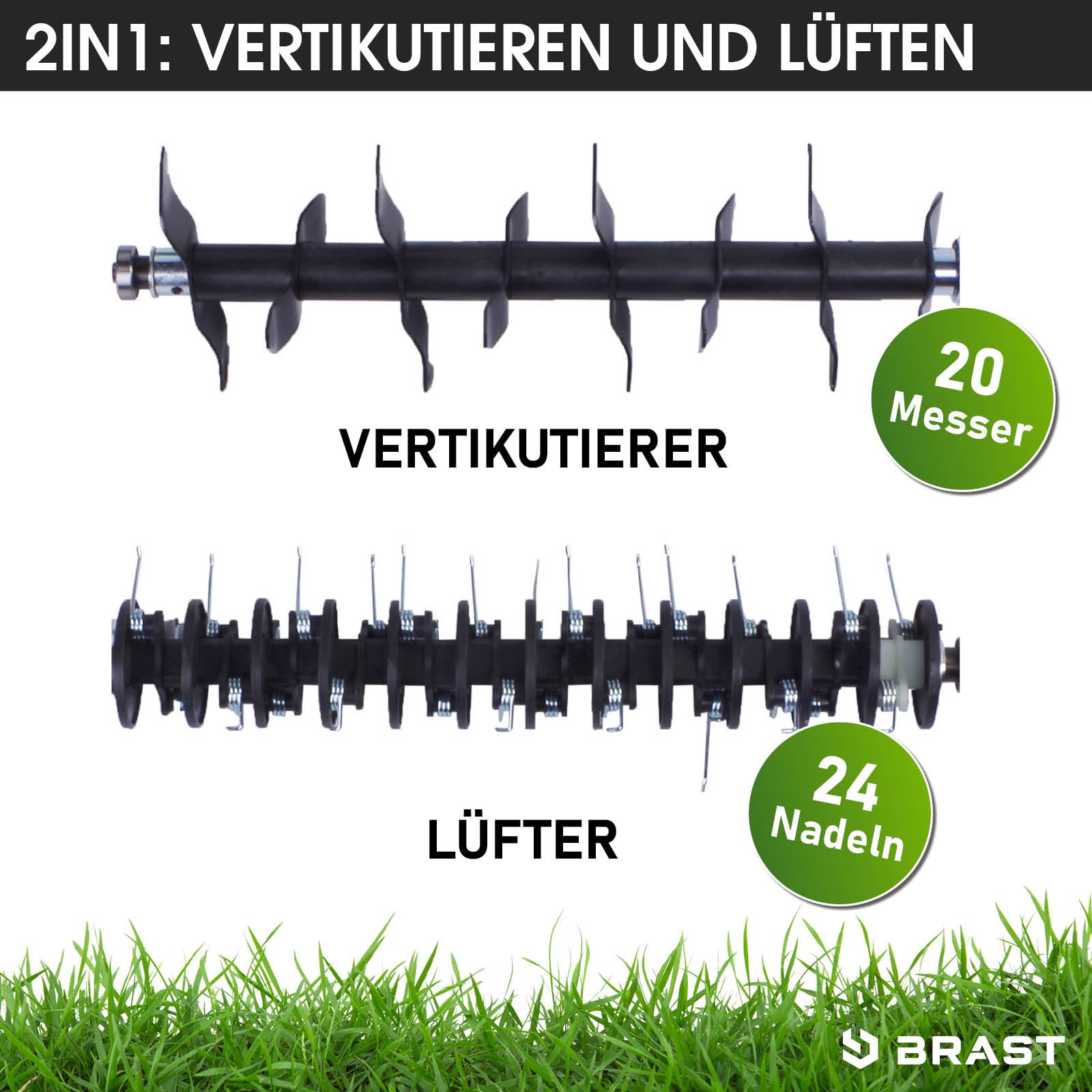 BRAST Vertikutierer Elektro Rasenlüfter | 1500-2000 Watt | 32-40cm Arbeitsbreite | 3 Modelle | großer Fangkorb Transportgriff & Klappbar | für kleine bis sehr große Rasenflächen | BRE-RV-4000