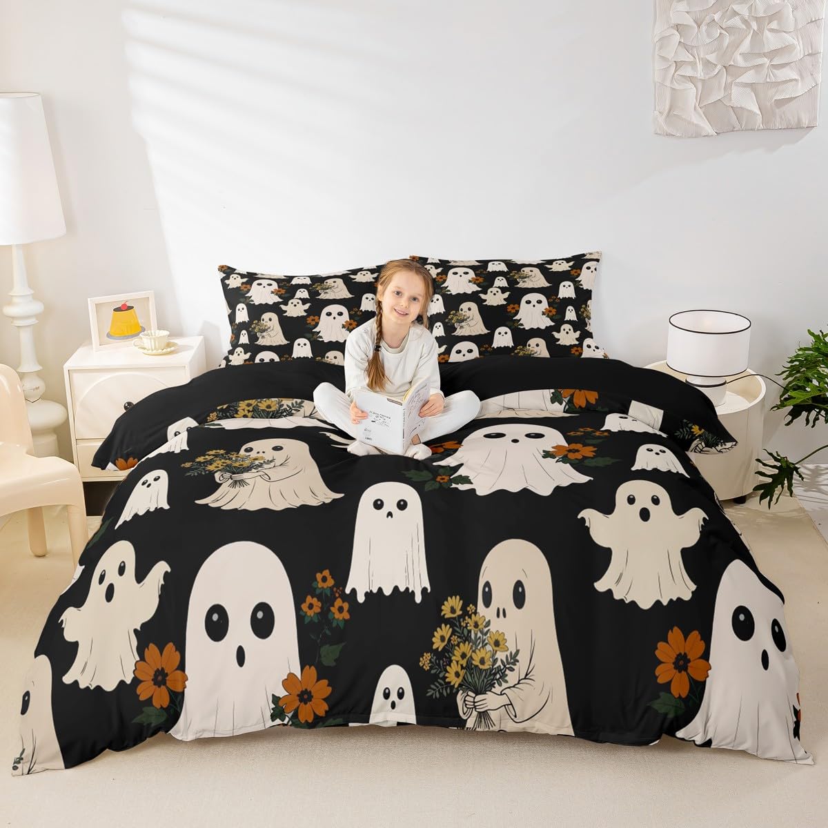 Manfei Cute Ghost Duvet Cover Sets Single Size,Cartoon Halloween Ghost Bedding Set 2Pcs for Kids Girls Boys Adult Room Decor,Hippie Daisy Flower Comforter Cover Funny Black Quilt Cover,1 Pillowcase โ image 1